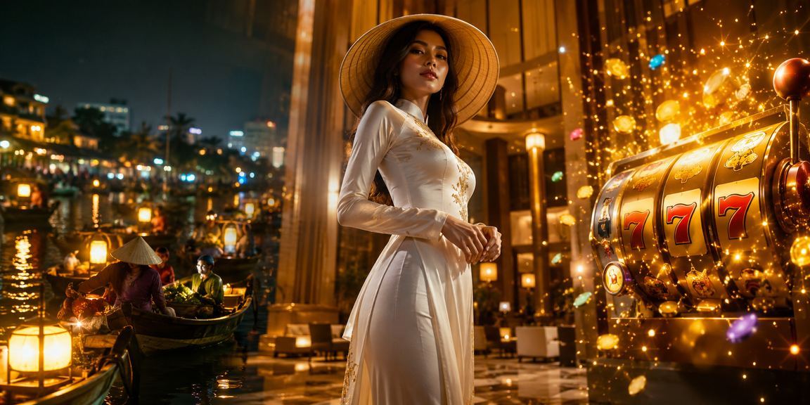 Người chơi tại Hà Nội thư giãn với slot game trên điện thoại, chiếc nón lá đặt bên cạnh